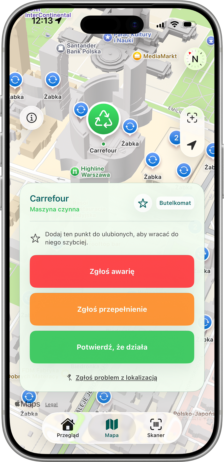Zrzut ekranu mapy punktów zwrotu w aplikacji Zakaucjowani
