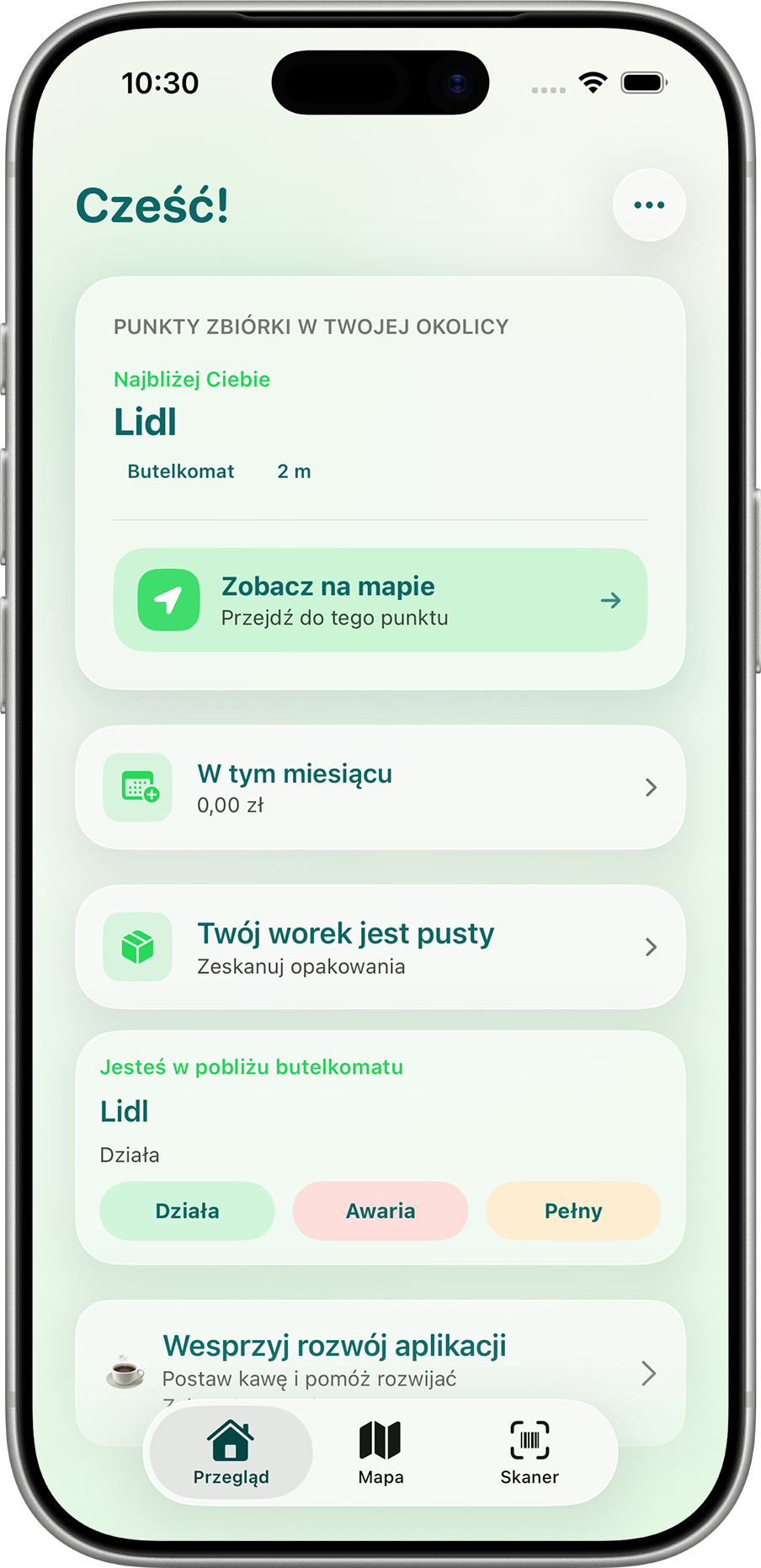 Zrzut ekranu aplikacji Zakaucjowani — mapa punktów zwrotu kaucji w Polsce